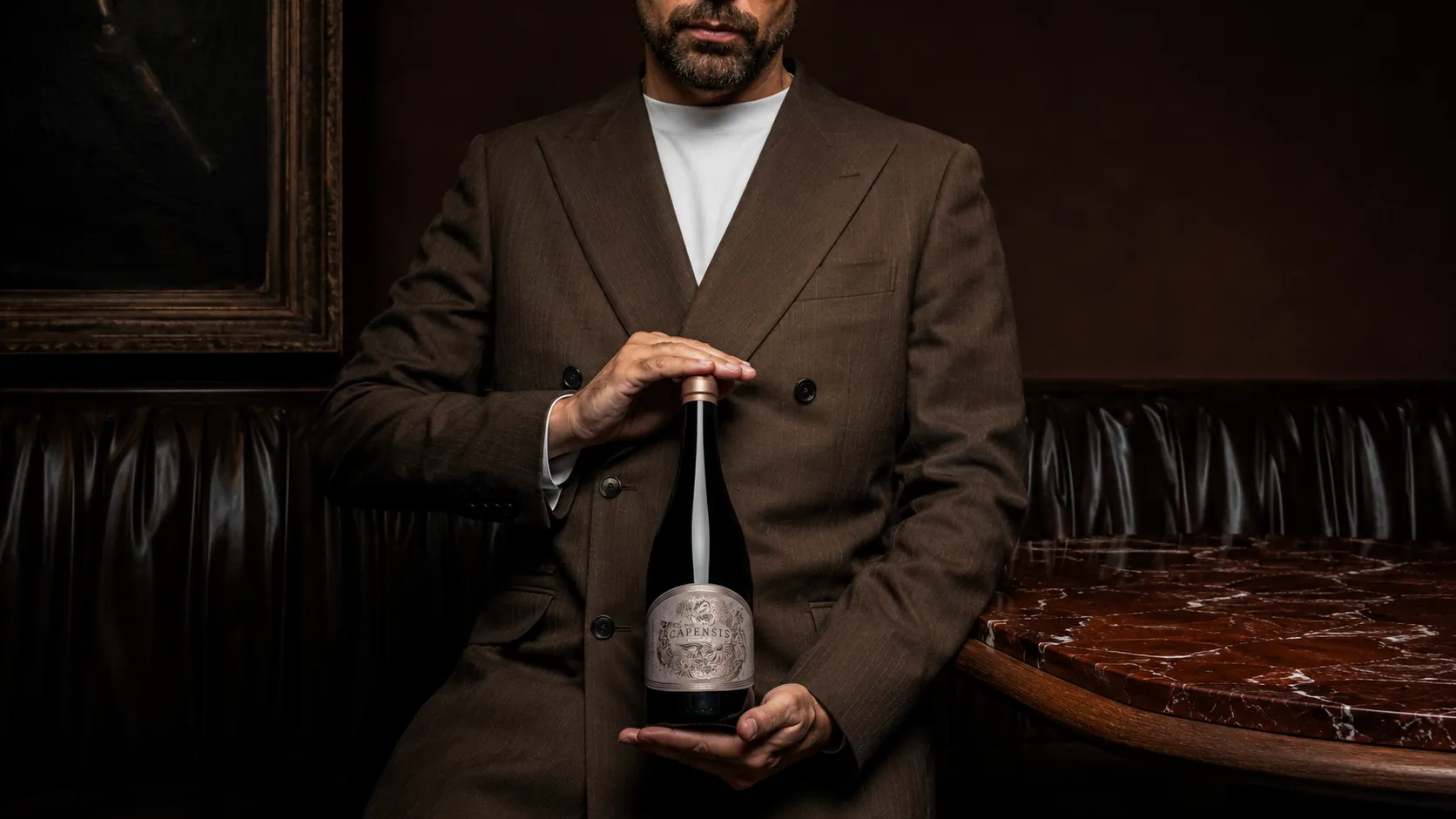 Sommelier met een fles Capensis